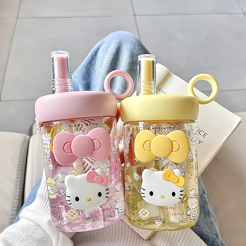 Hello Kitty Summer Girls' Plastic Cup Cute, Stylish Straw Cup Large-Capacity, Food-Grade, Portable Student Sports Water Bottle Qme