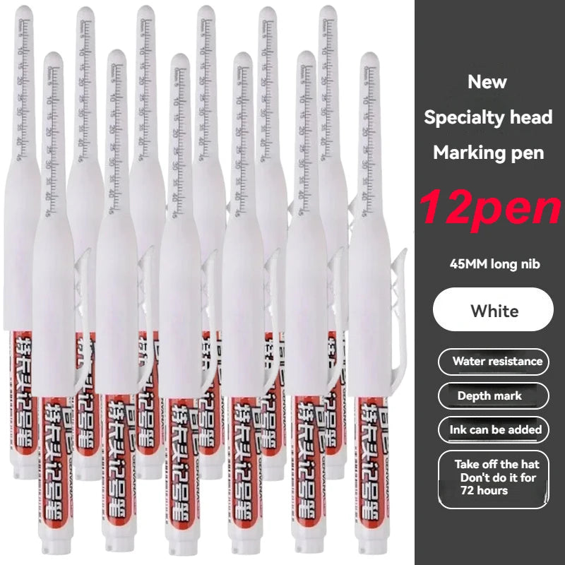 45mm Waterproof Long Head Nib Deep Hole Markers Pen Tile Carpenter Pen Multi-purpose for Woodworking Black/White/Red Ink Qme 12 pens white