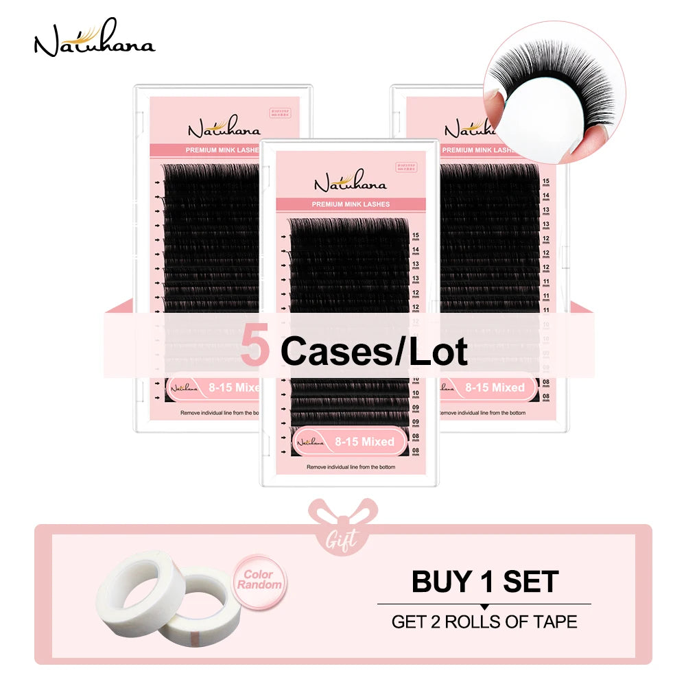 NATUHANA Faux Mink False Eyelashes 5 Trays Lot 16 Rows 8- Mixed Matte Qme B 0.05mm 8-15Mix