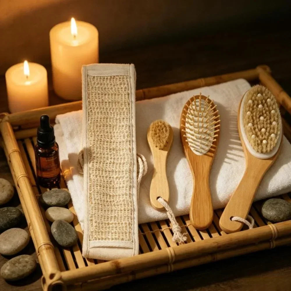 Bamboo Long Handle Back Scrubber Horsehair Exfoliating Brush Strap Qme