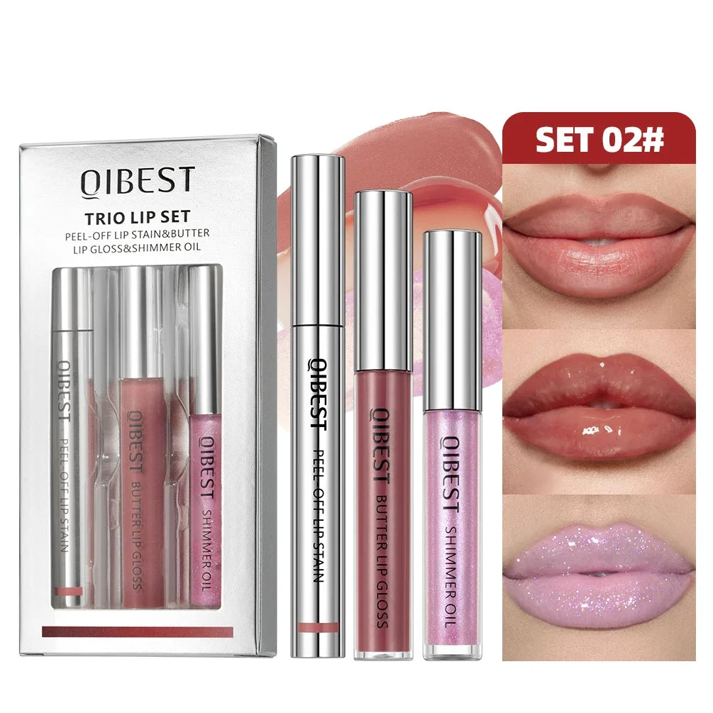 QIBEST Multifunctional Makeup Kits Include Tear Off Lip Stain,Mirror Lip Glaze,Shimmer Lip Oil Gloss Lasting Lip Cosmetics Sets Qme SET 02