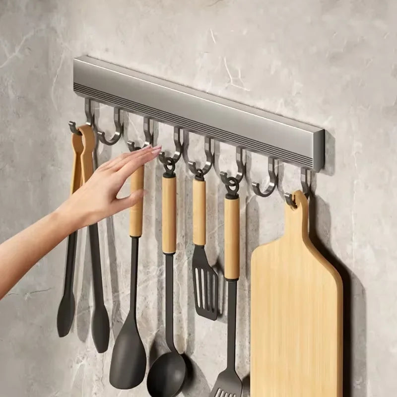 Kitchen HookRack - Wall-Mounted Without Drilling - Space Aluminum Multi-Functional Storage Hooks Qme