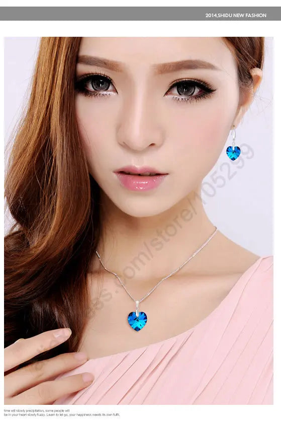 Jewelry Sets Blue Austrian Crystal Genuine 925 Sterling Silver Color Heart Pendant Necklace Earring Ear Thread Hook Earrings Qme