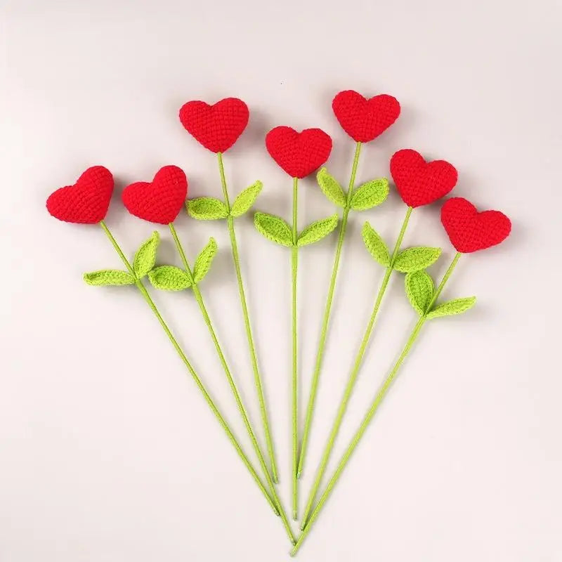 Handmade Crochet Heart Bouquet Yarn Love Flowers Green Stems Romantic Qme