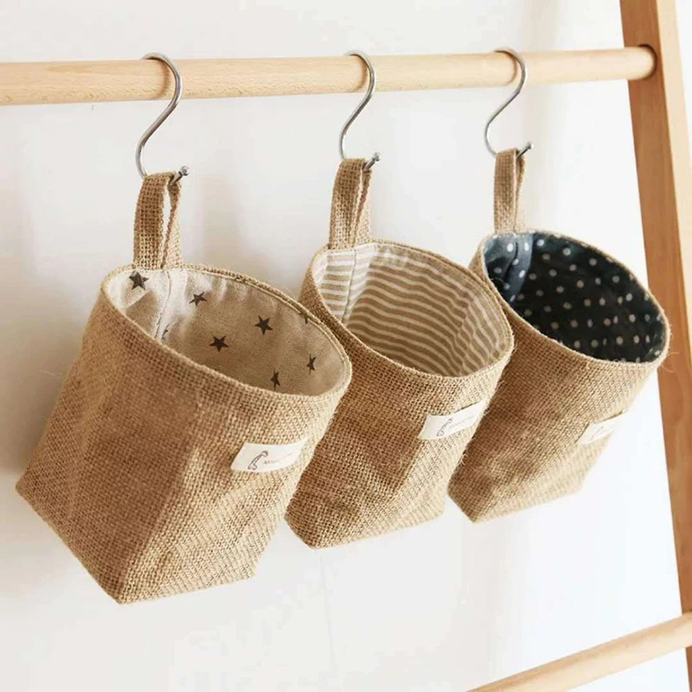 Nordic Style Small Hanging Wall Pocket Storage Basket Sack Sundries Organizer Cosmetic Organizer Cotton Linen Toy Storage Bag Qme