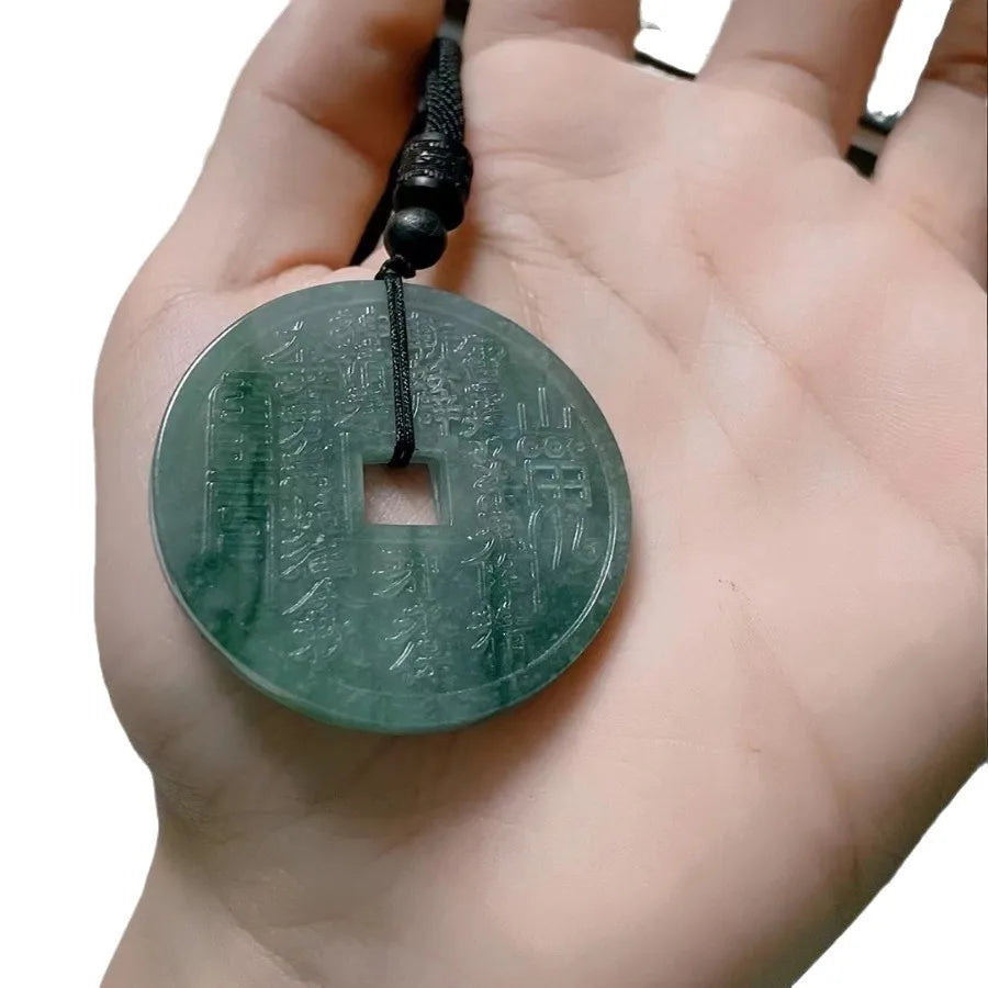 Natural Jadeite Blue Water Ancient Coins Jade Pendant Necklace Lucky Bagua Jewelry Suitable for Men and Women Qme