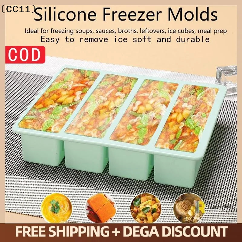 Food Storage Ice Cube Mold Giant Silicone Freezer Trays Lid 4-Cubes Qme