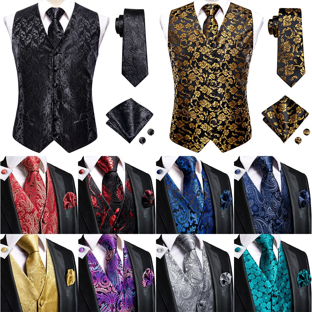 Hi-tie Black Men Vest Paisley Jacquard Necktie Hankerchief Cufflinks Qme