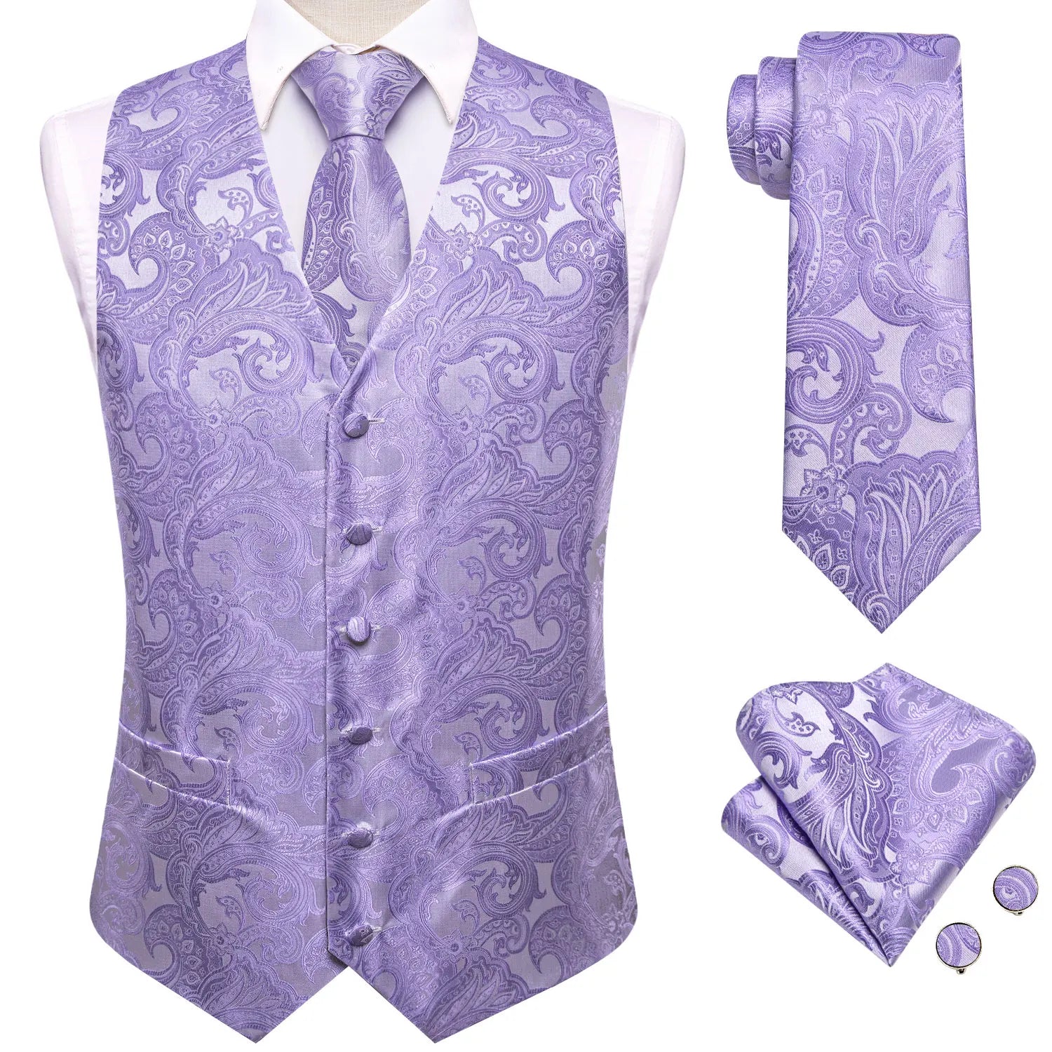 Men's Floral Vest & Tie Hanky Cufflinks Set – Formal Red Light Purple Black Jacquard Waistcoat for Weddings Events Party Gift Qme MJ-3570 M