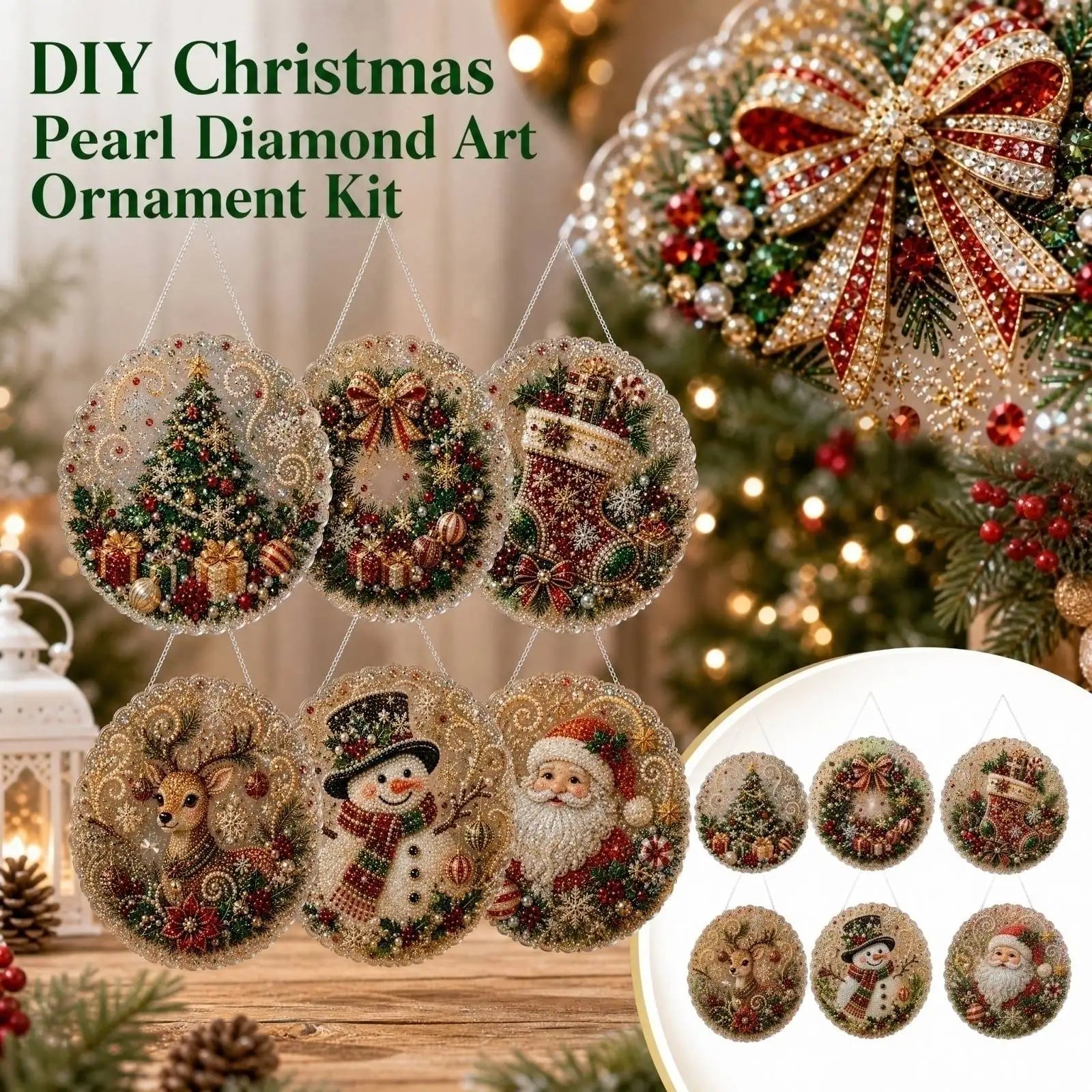 Christmas Scene Pearl and Diamond Hanging Handmade Material Kit DIY Set for Holiday Home Store Decor Creative Gift Qme