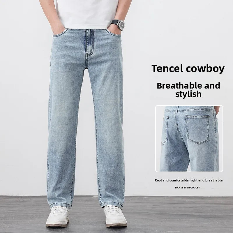 Summer lyocell thin jeans men's 25 years high-end light business washed retro straight trousers Qme