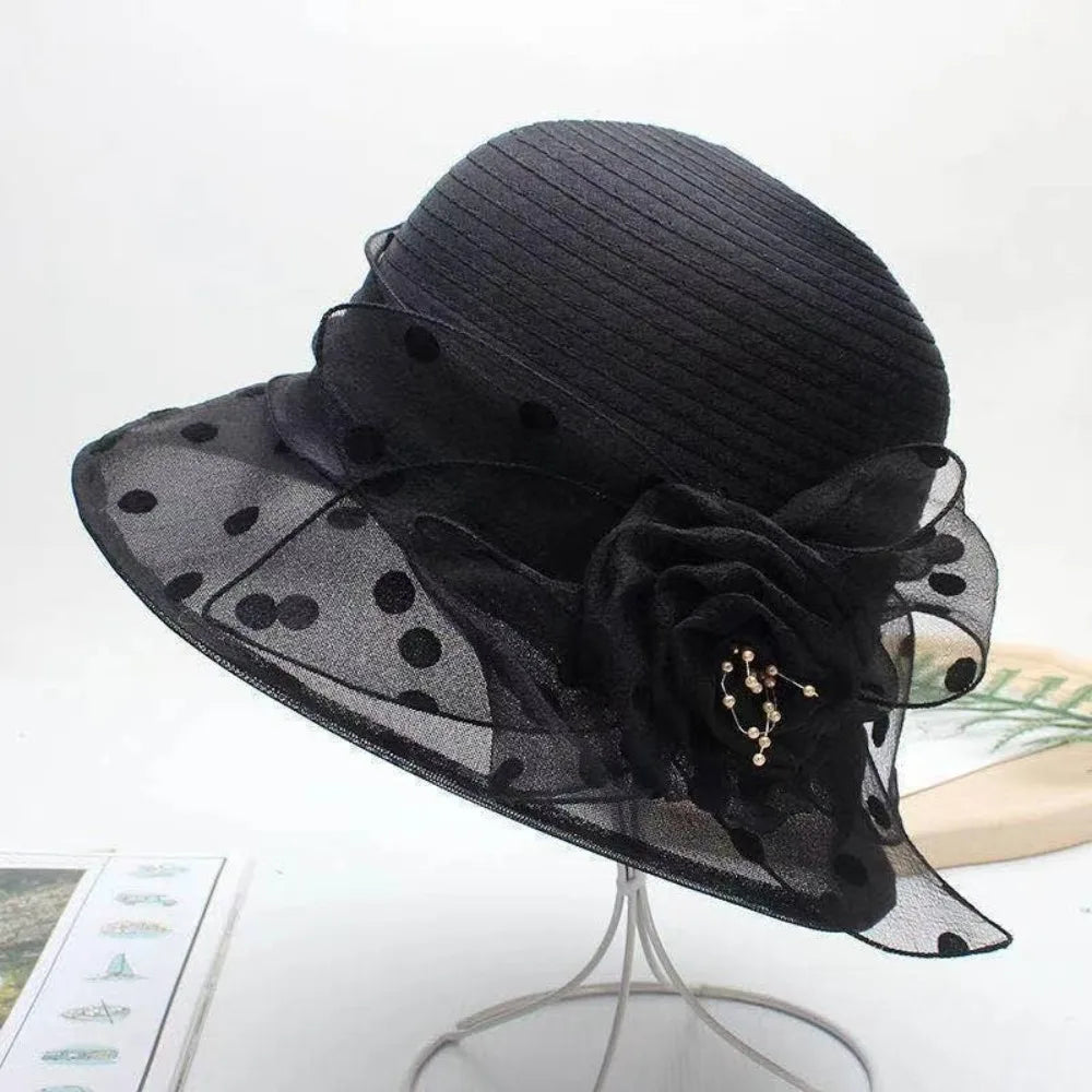 Floral Organza Sun Hat Elegant Wide Brim Bucket Hat UPF 50+ Breathable Flower Vacation Style Beach Sun Hat Qme