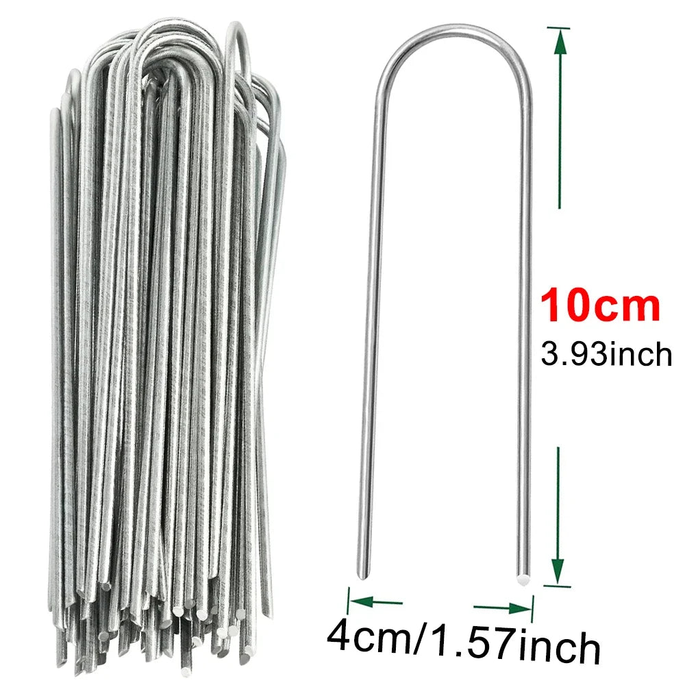 U-type Garden Staples Heavy-duty Fence Tubing Stakes Sod Pins Galvanized Landscape Spike for Holding Lawns Barrier Ground Nail Qme 4cmx10cm 30pcs