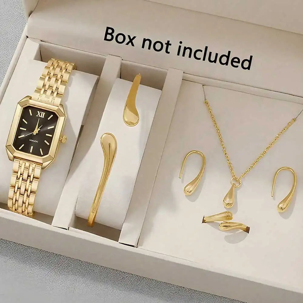 Golden Roman Black Plate Small Square Watch Water Drop Metal Bracelet Earnail Necklace 6-piece Set Extreme Accessories Qme Gold