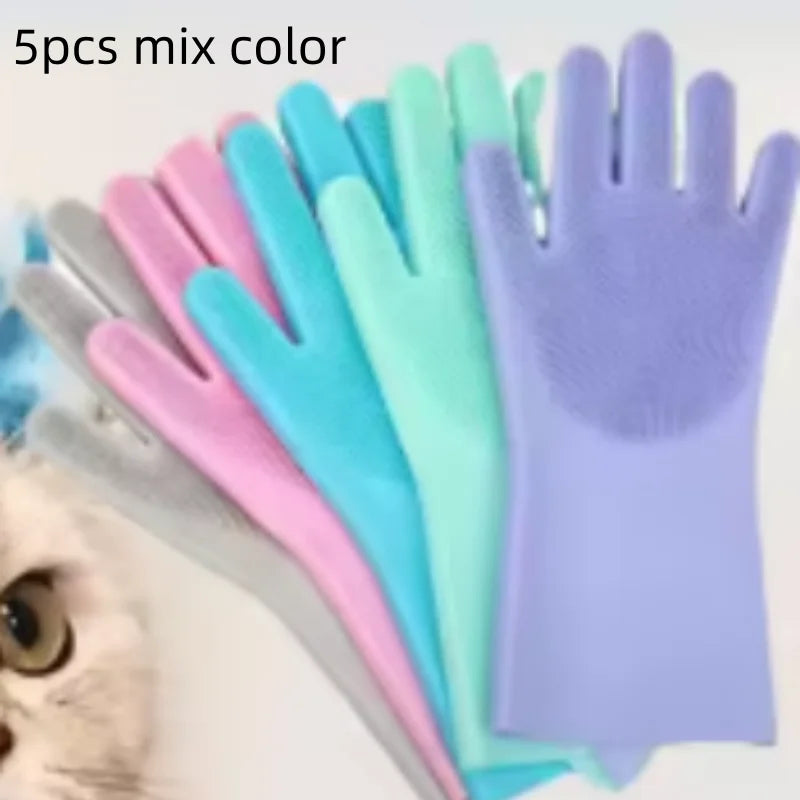 1/3/5pcs mix New Pet Dog Cat Bathing Grooming Cleaning Silicon Hair Removal Gloves Magic Dishwashing Cleanner Sponge Qme 5pcs mix color