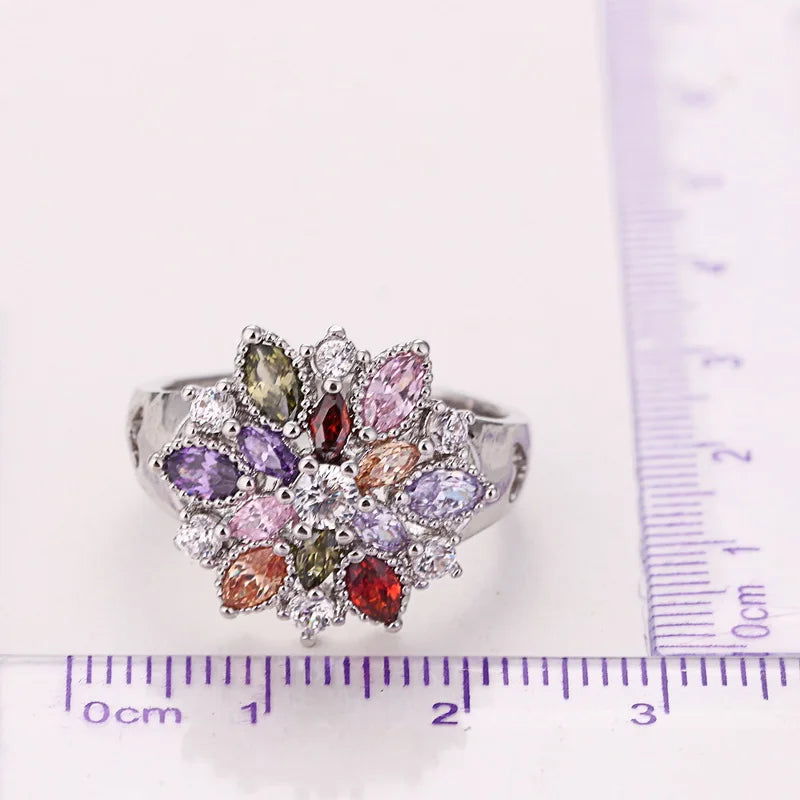 Ring Fashion 925 Sterling Silver Color Jewelry Colourful Cubic Zirconia Flower Design Cute Style Women Girls Party Engagement Qme