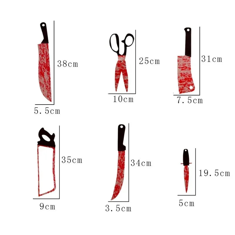12Pcs Halloween Fake Blood Knife Garland Plastic Bloody Knife Banner Haunted House Horror Hanging Party Wall Decoration Props Qme