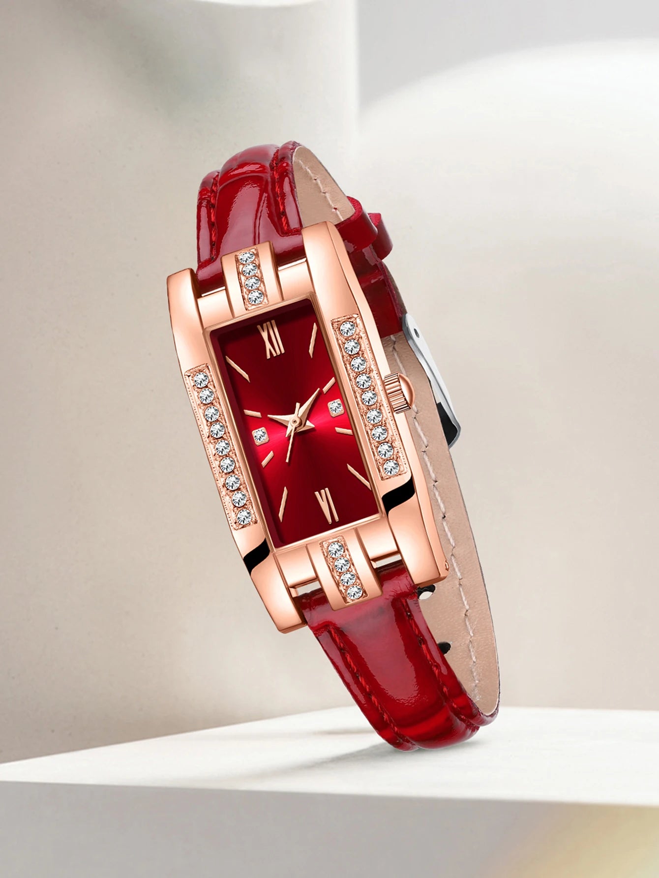 Rose gold diamond encrusted rectangular women's leather strap watch, available in red and green colors, vintage Roman stone watc Qme