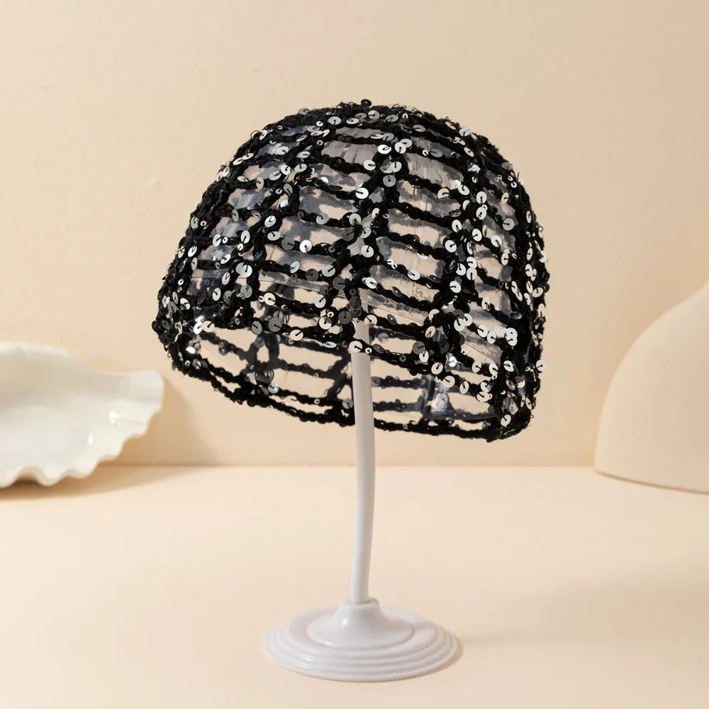 Retro Elegant Hollowed Out Knitted Hat Thin Solid Crochet Sequined Qme Black