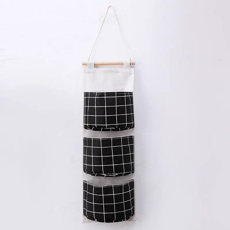 Three Pockets Hanging Wall Storage Bag Household Bedroom Living Room Kitchen Cotton Linen Storage Bag Qme BLACK