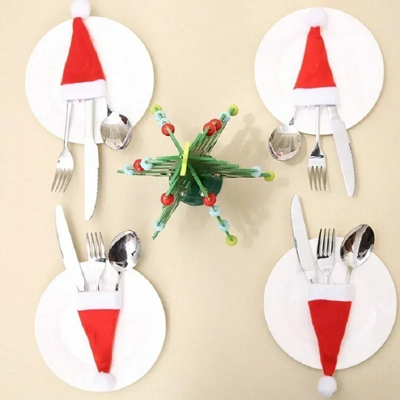Christmas Tableware Bag Holder Mini Christmas Hat Fork Knife Cutlery Bag Xmas Ornament Decor Merry Christmas Decoration Qme