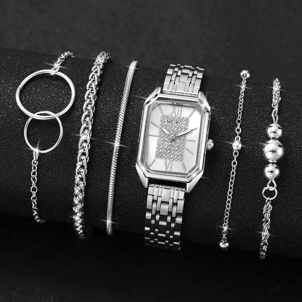 6 Pcs/set Women's Fashion Watch Rectangle Dial Quartz Watches Steel Band Silver Ladies Wrist Watches Bracelets Set Qme