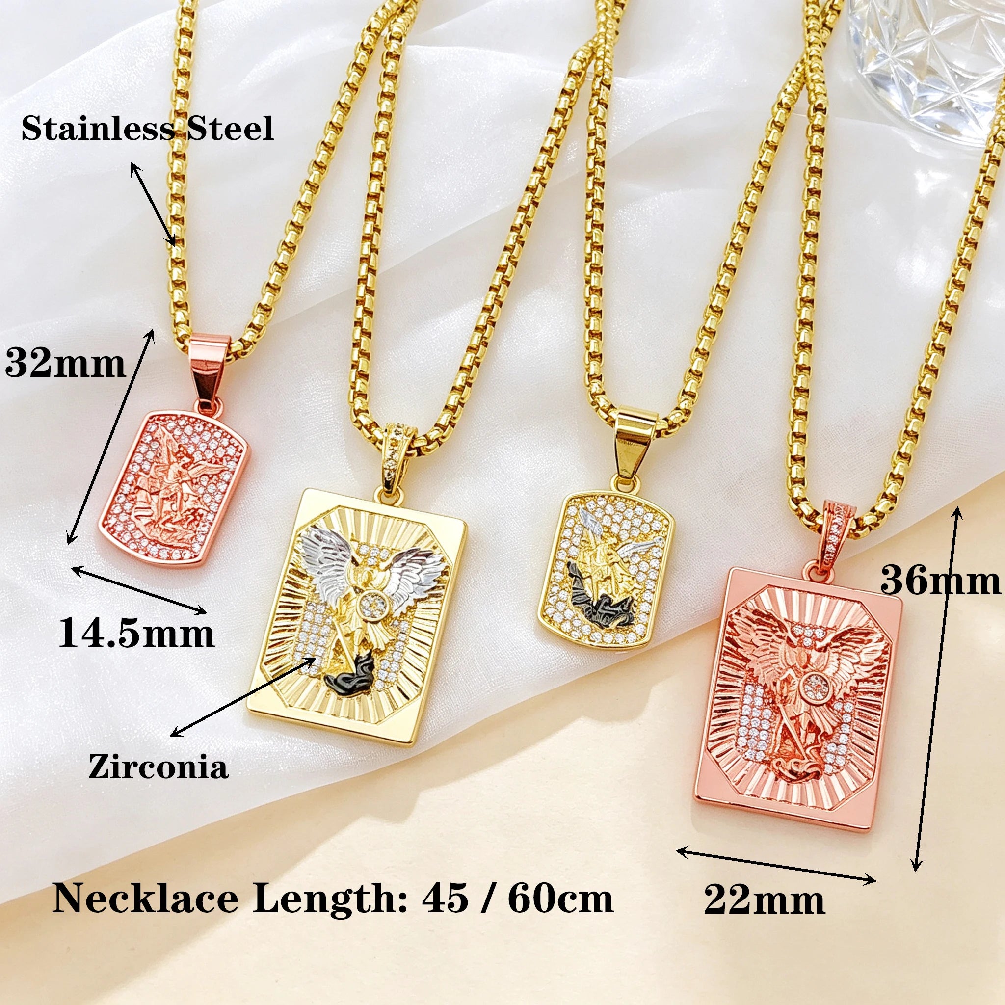 High Quality Square Religious St. Michael Stainless Steel Necklace Fashion for Men Women Party Gold/Rose Gold Zircon Jewelry Qme