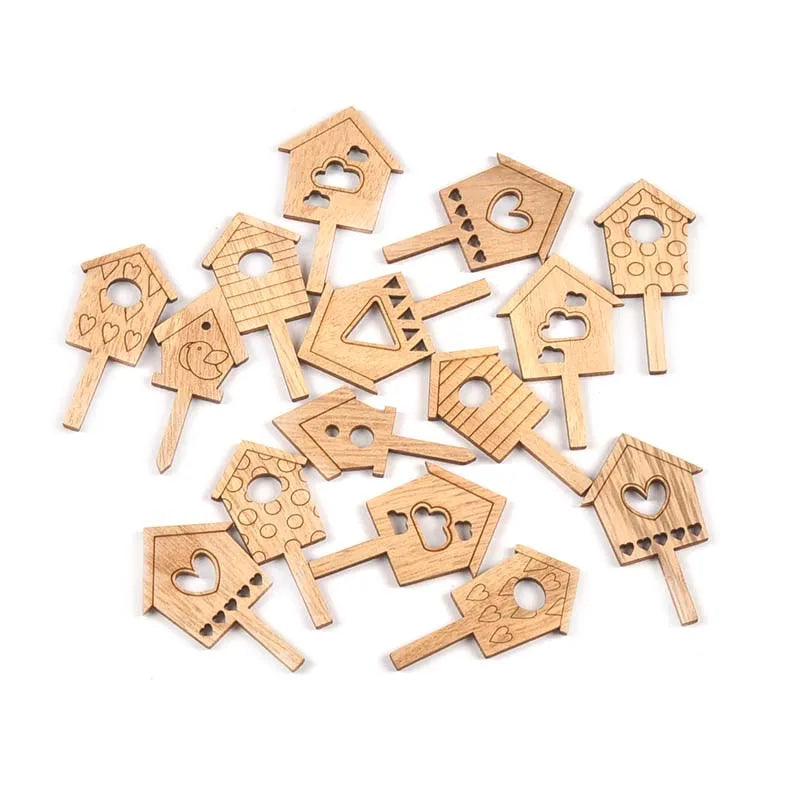 25Pcs 3x5cm Natural House Pattern Wooden Board Insert Ornaments Flowerpot Card Kids Supplies Wood DIY Crafts Home Decor Arts Qme Default Title