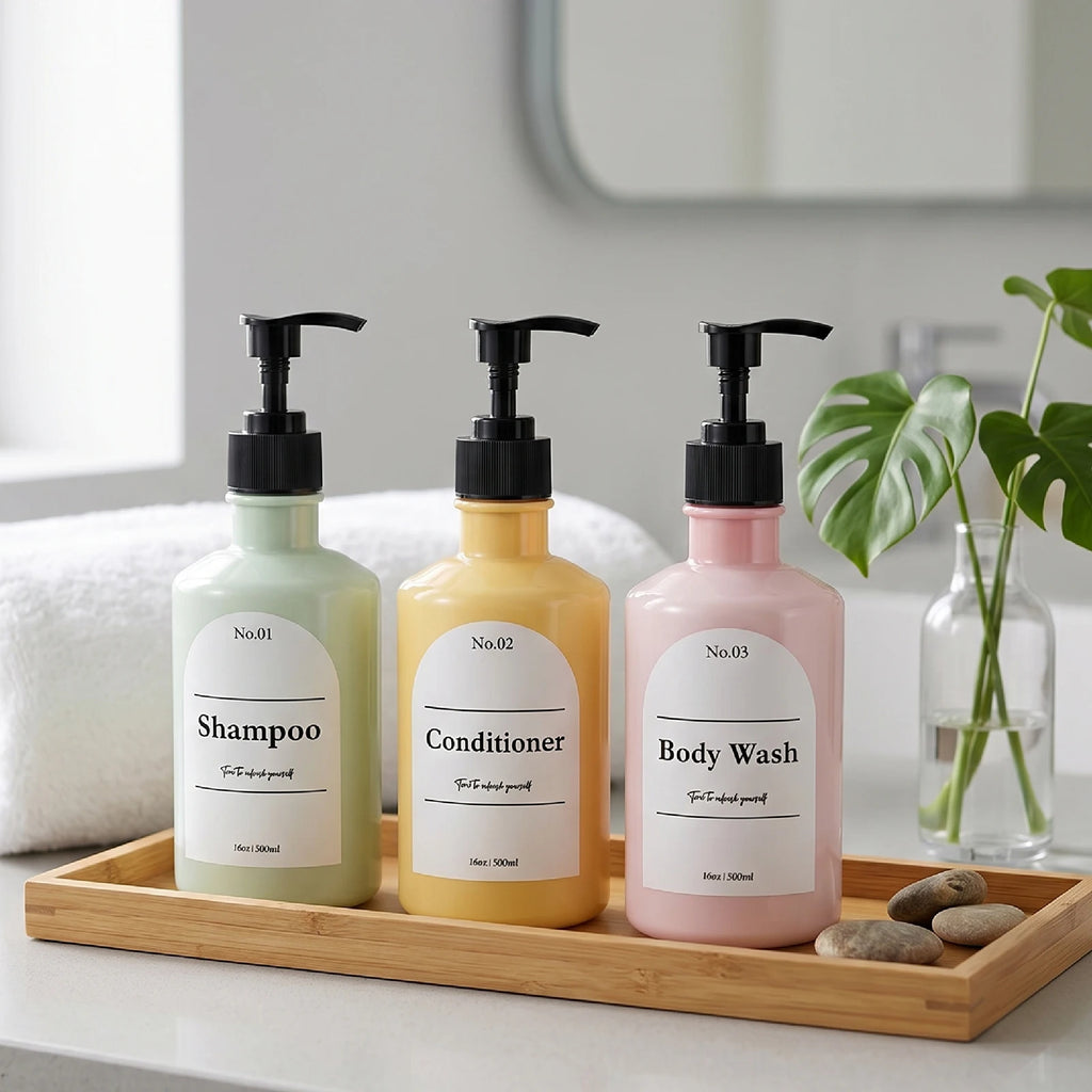 Refillable Shampoo Dispenser Bottle, 16oz 500ml Plastic Pump Bottle with Label for Conditioner, Body Wash, Liquid Soap, Bathroom Qme