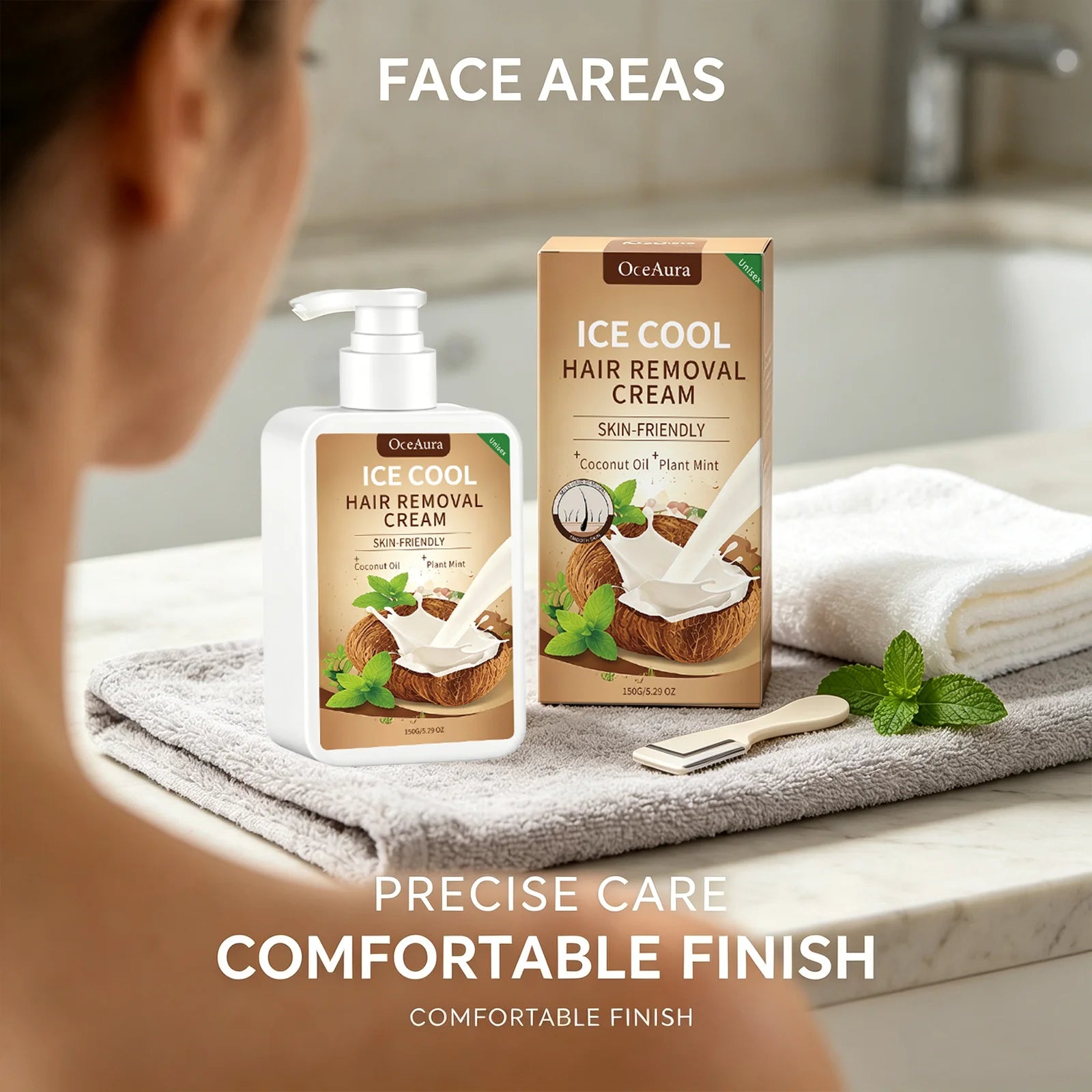 OceAura Ice Cool Hair Removal Cream for Face Coconut Mint Infused Gentle Smooth Residue Free Depilatory Cream for All Skin Types Qme
