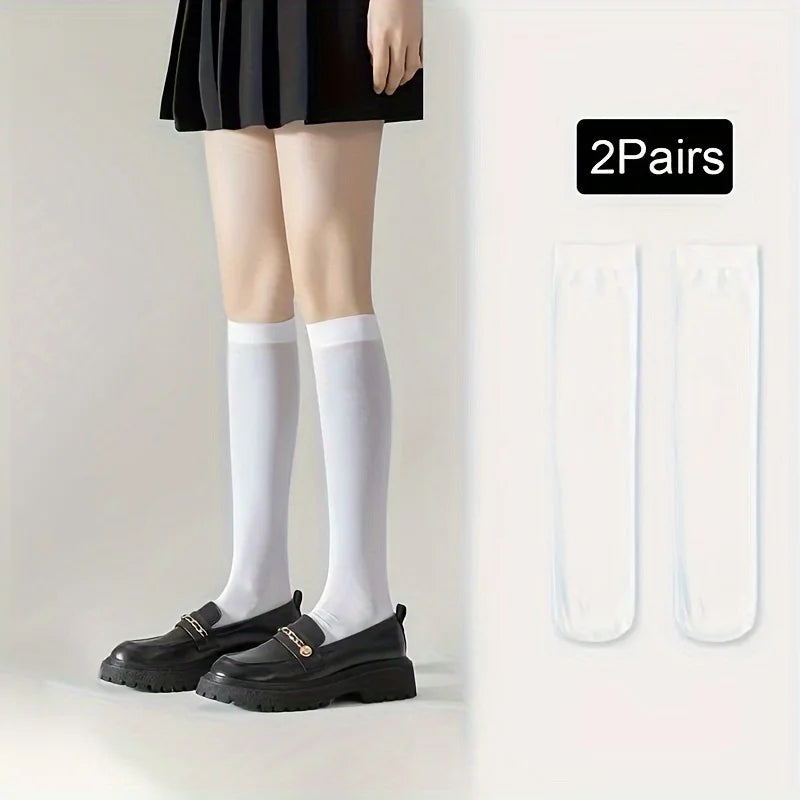 Women's Calf Socks - Black White Thin JK Style Knee High Socks, Slimming & Shaping, Non-slip,Breathable For Daily Wear Qme White 2pairs One Size