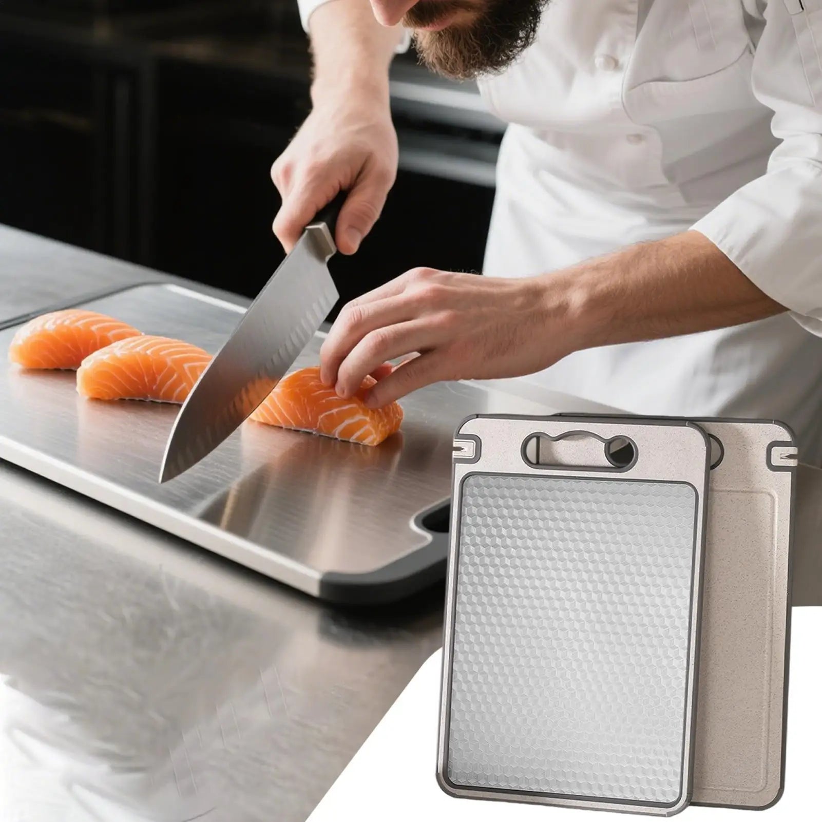 Double Sided Cutting Board Anti-scratch Stainless Steel Steak Cutting Board Kitchen Dining Tool With Handle For Home Restaurant Qme