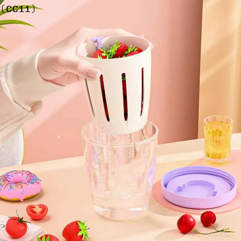 Cylindrical Salad Container Plastic Fruit Cup Fork Drainage Holes Qme