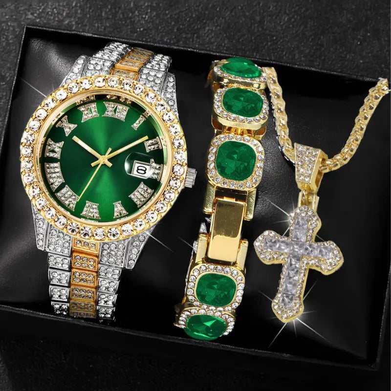 Men's Full Diamond Two-tone Watch and Jewelry Combo Set, Iced Out Green Stone Bracelet + Cross Pendant + Watch, Perfect Gift Qme