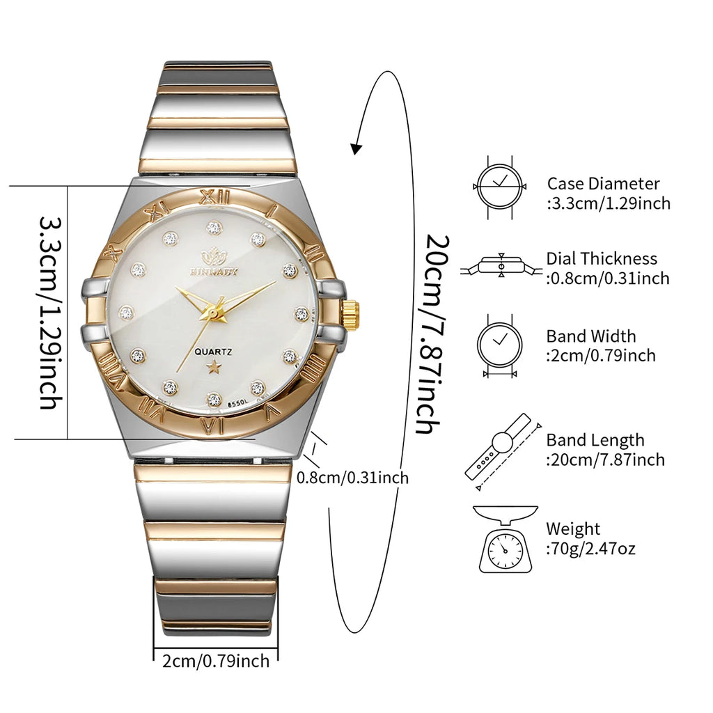 Two Tone Women Quartz Watch Rhinestone Dial Roman Bezel Alloy Band Elegant Ladies Dress Watch Qme