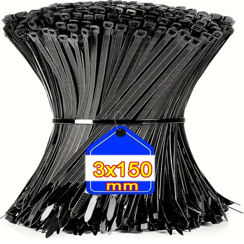 1000/100Pcs Plastic Nylon Cable Ties Self-locking Cord Ties Straps Adjustable Cables Fastening Loop Home Office Wire Zip Ties Qme BK3x150mm 1000pcs