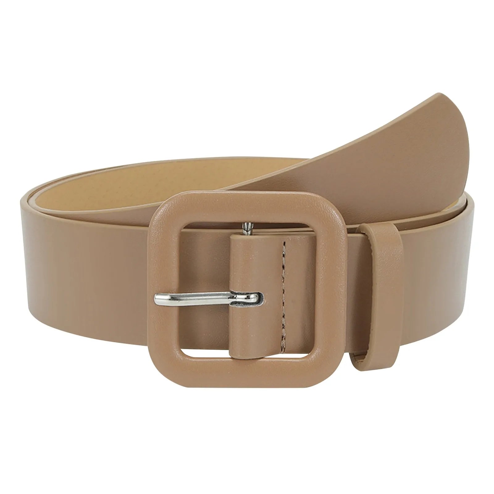 Ladies' Square Buckle Candy Colored Decorative Belt Fashionable Casual Versatile PU Leather Wide Belt Daily Dress Up Accessories Qme Khaki