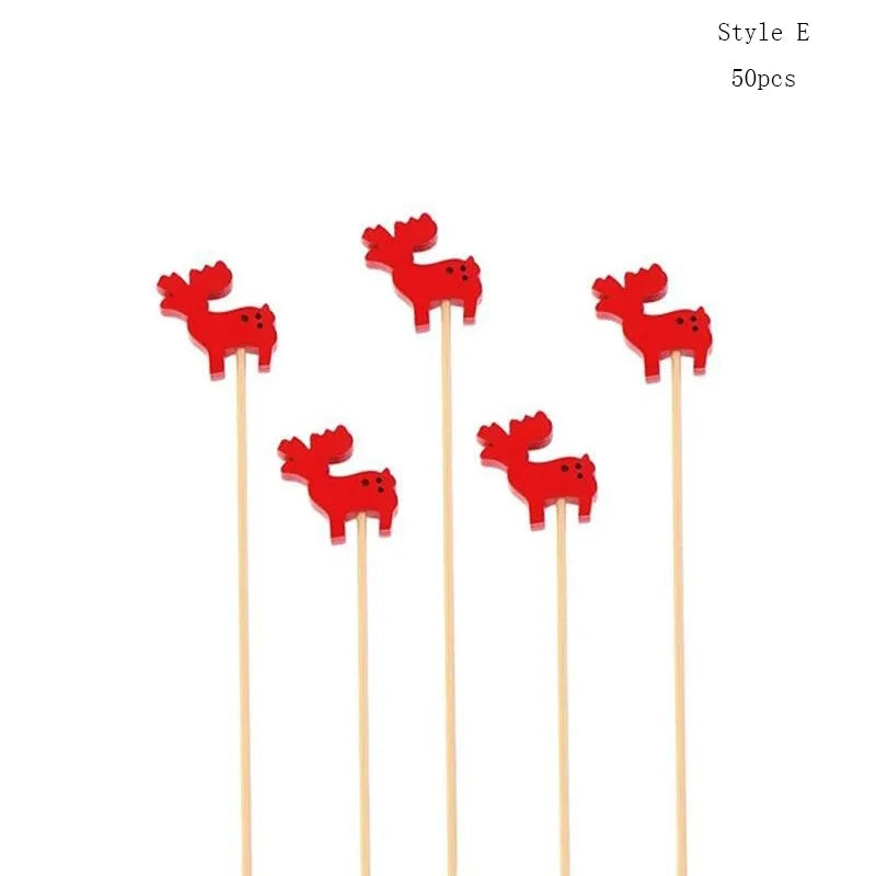 50 Christmas Bamboo Skewer Cocktail Picks Cupcake Topper Disposable Qme 50pcs Style G