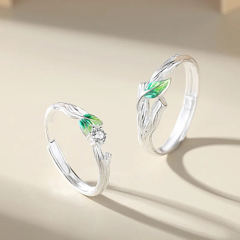 Sweet Simple Green Leaves Young Couple Ring For Women Lover Silver Color Open Resizable Rings Romantic Wedding Jewelry Qme