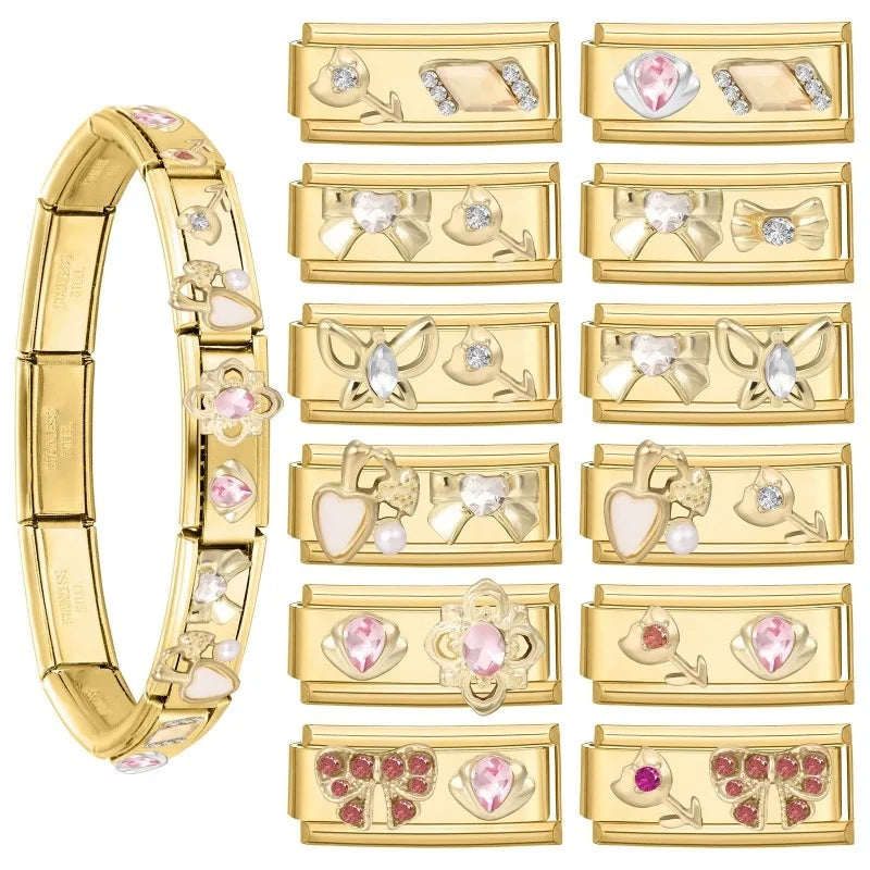 Sweet Flowers Butterfly Cute Heart Bows Italian Charm Link Gold Color Fit 9mm Stainless Steel Bracelet Women DIY Making Gift Qme