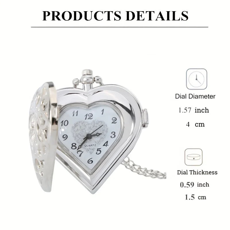 Retro Heart Pointer Quartz Pocket Watch - Hollow Out Analog Necklace Chain Pendant Watch - Perfect Valentines Gift for Her Him Qme