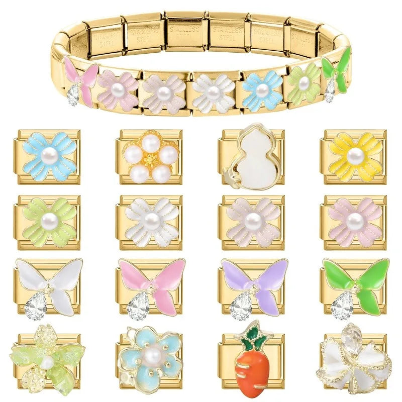 2026 Fashion Vintage Golden Pearl Flowers Gourd Shiny CZ Butterfly Italian Charms Fit 9mm Stainless Steel Bracelet Jewelry Gift Qme