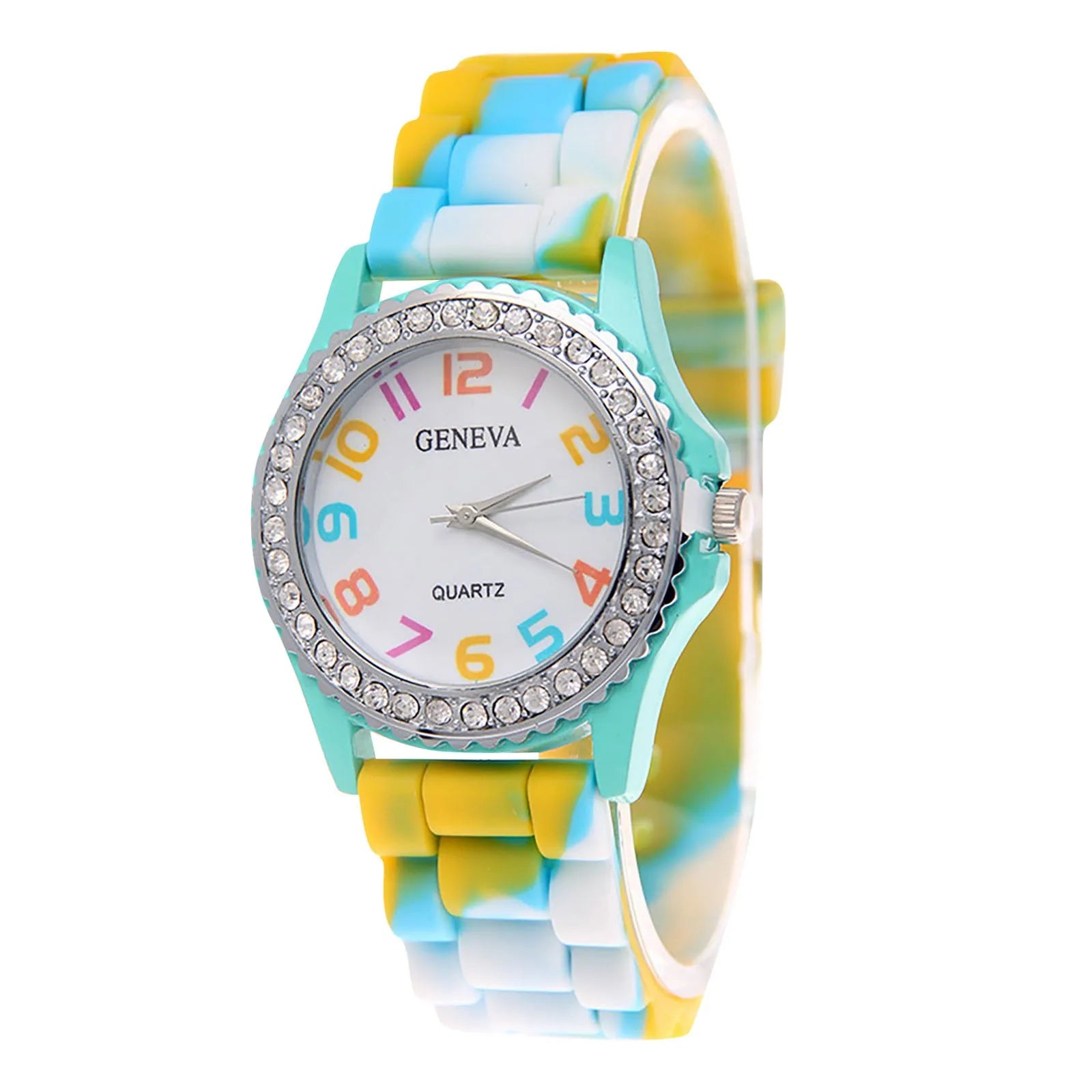 Girls’ Silicone Camouflage Watch Crystal Bling Quartz Wrist Watch Fashion And Cool Casual PU Strap Round Dial With Diamond Watch Qme N