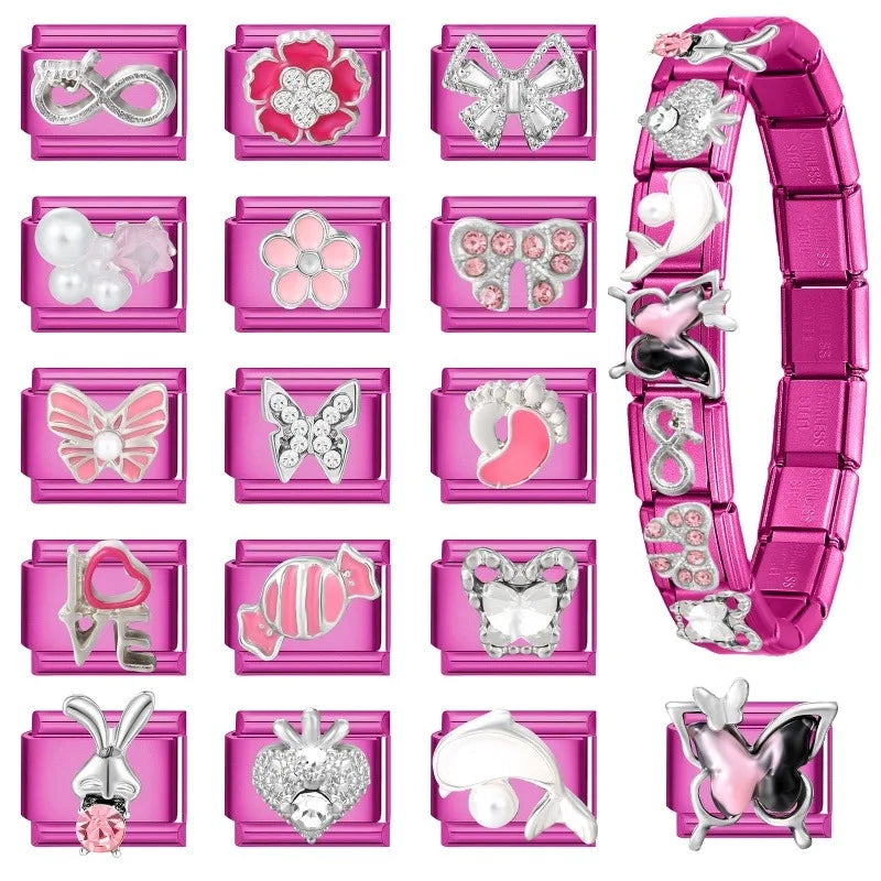 Y2K Rose Color Series Zircon Flower Butterfly Italian Charm Links Fit 9mm Stainless Steel Bracelet Women Jewelry DIY Making Gift Qme