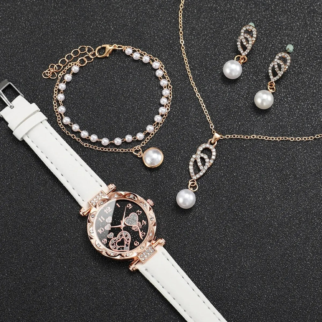 Women 4Pcs Watch Jewelry Set Rhinestone Heart Dial Leather Quartz Watch Pearl Necklace Earrings Bracelet Gift Set Qme
