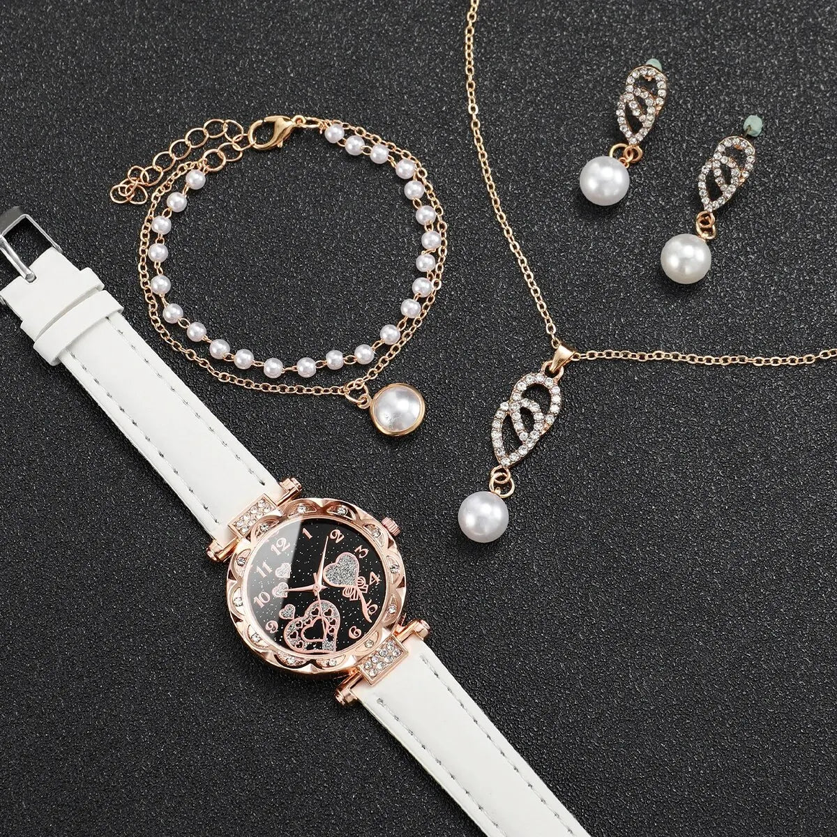 Women 4Pcs Watch Jewelry Set Rhinestone Heart Dial Leather Quartz Watch Pearl Necklace Earrings Bracelet Gift Set Qme