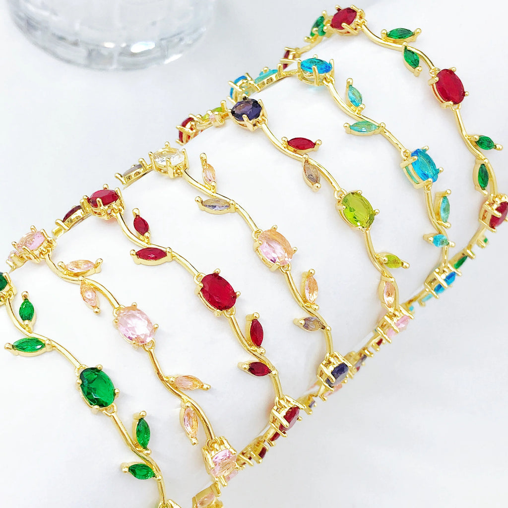 Colorful Trendy Charm Crystal Leaf Vine Flower Rhinestone Bracelet Luxury for Women Girl Party Wedding Gold-Plated Jewelry Gift Qme