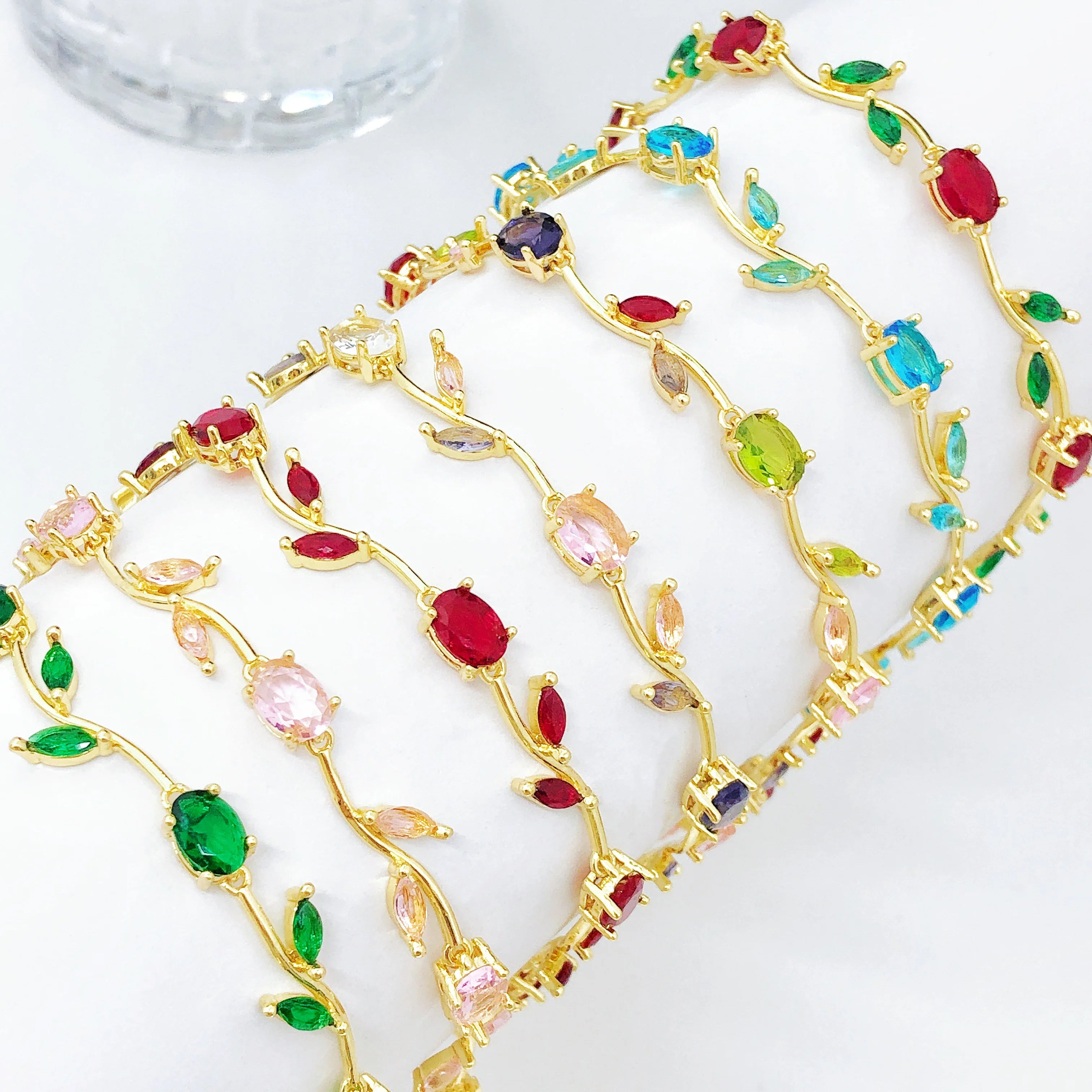 Colorful Trendy Charm Crystal Leaf Vine Flower Rhinestone Bracelet Luxury for Women Girl Party Wedding Gold-Plated Jewelry Gift Qme