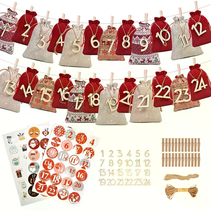 Christmas Advent Calendar Bags 24 Days Countdown Calendar Bags Drawstring Gift Bags For Adults And Kids DIY Candy Bags Qme