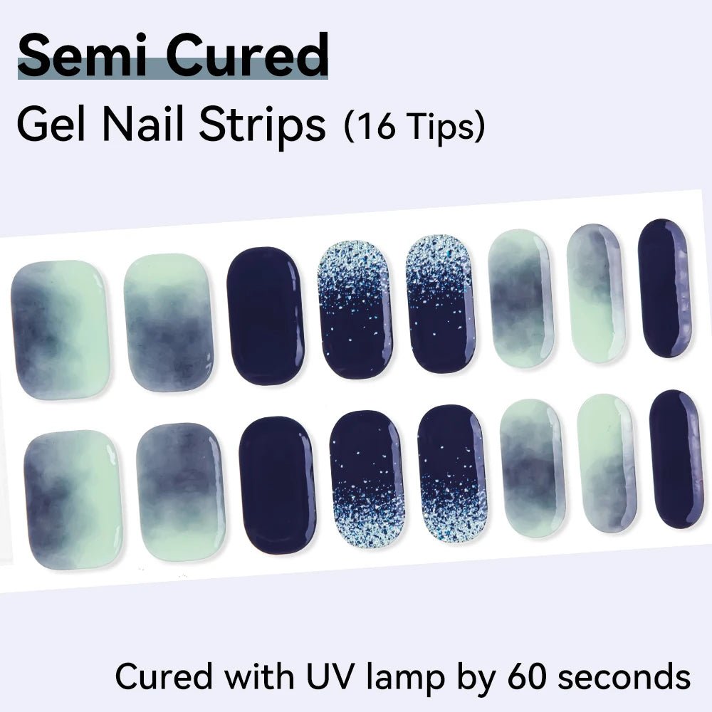 16Tips Gradient Starry Sky Glitter Semi Cured Nail Polish Decal Qme NF240145